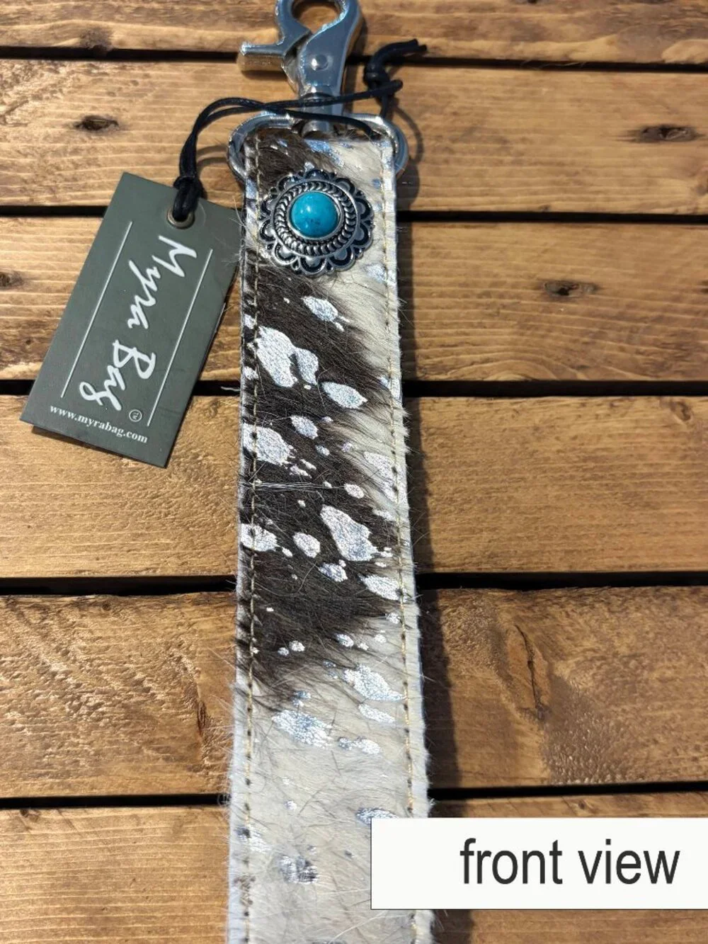 Myra Black & White Cowhide Key Fob, Turquoise Concho Western Key Holder